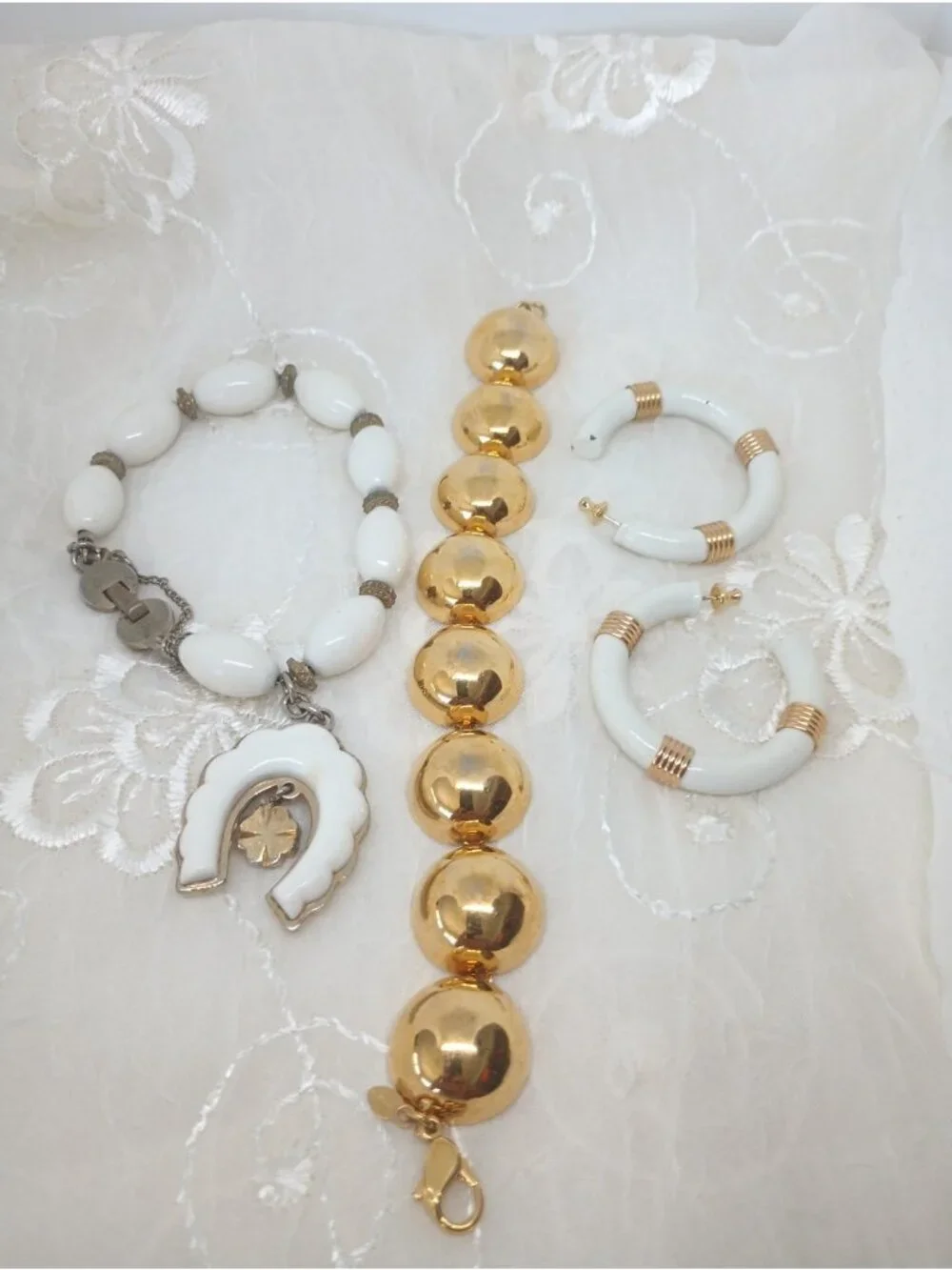 Vtg Monet Lot Bracelet Earring ~Gently loved Gold Half Sphere, White Lucky Charm - Picture 4 of 14